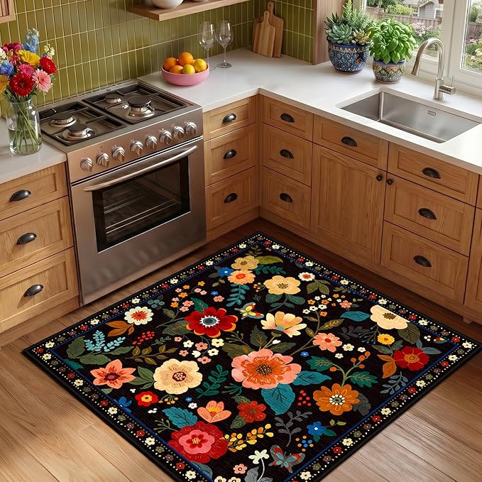 RELEANY Floral Nursery Square 4ft Area Rugs Washable Print Boho Cute Carpet Non Slip Flower Low Pile for Living Room Kids Girls Playroom Bedroom Kitchen Office Farmhouse-Black
