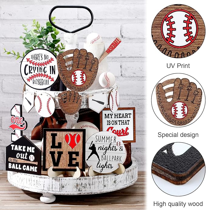 13 Pcs Baseball Tiered Tray Decor Wooden Table Centerpieces Rustic Wooden Baseball Game Sign for Fans Theme Party Ceremony