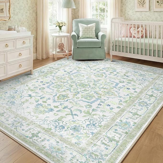 CAPALOCA Machine Washable Rugs Nursery Rug 8x10 Cute Girl Non Slip Low Pile Water Repellent Soft Print Pattern for Bedroom Indoor Decor Kids Playroom Green Blue