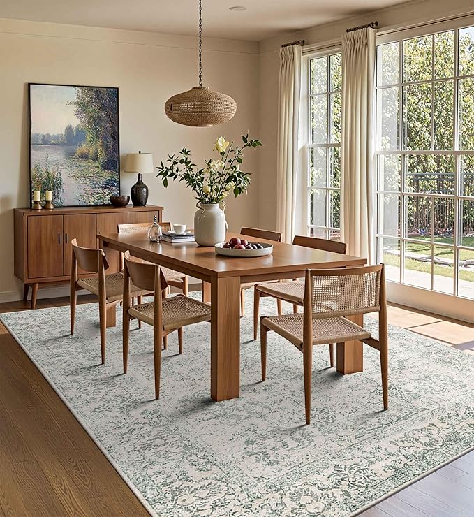 Rugxara 5X7 Washable Area Rug for Living Room, Vintage Large Boho Rugs for Office, Dining Room, Kids Room, Farmhouse, Durable Low Pile Non Slip Carpet for High Traffic Areas, Light Green