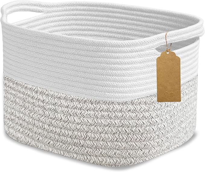 Woven Storage Basket, Cotton Rope Closet Organizers Bins for Clothes Blanket Towels, Stylish Gift Baskets with Handles, 13.4 x 9.3 x 9.5 in, White and Grey (Pack of 1)