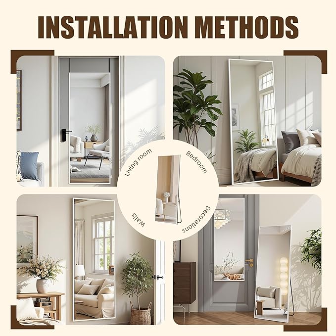 Antok Over The Door Mirror Full Length, 49'' x 14''Wall Mounted Hanging Mirror, Aluminum Alloy Frame, Shatterproof Glass, No Drill Installation for Bedroom, Closet, Bathroom, Dorm, Rect Corner,White
