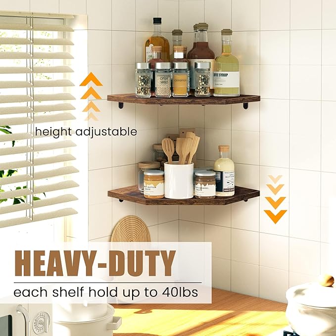 Fun Memories Corner Shelf Wall Mount, Floating Corner Shelves, Set of 2 Corner Wall Shelf Organizer, Rustic Wood Wall Storage Display Shelves for Living Room Bedroom Bathroom Kitchen, Rustic Brown | Organizer, Living Room, Bedroom, Bathroom, Kitchen