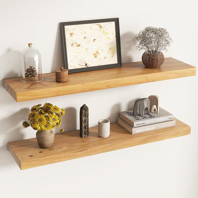 Venusmiles Elm Floating Shelves for Wall Decor, Rustic Solid Wood Shevles Wall Mounted with Invisible Bracket for Living Room Bathroom Bedroom Kitchen, 36 Inch Set of 2, Natural
