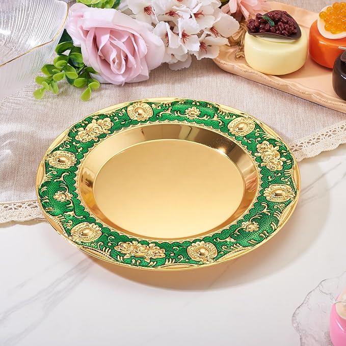 1pcs Golden Serving Tray for Party 4.8" Vintage Round Decorative Plate Tray Jewelry Makeup Organizer Dishes Bathroom Vanity Tray for Gift Wedding Coffee Table Dessert Christmas 20 cm (Green)