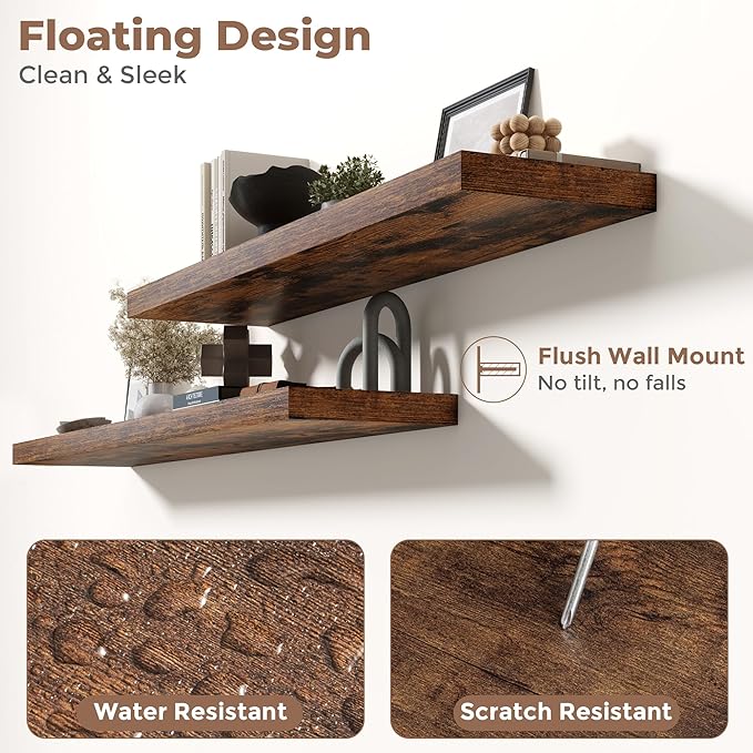 48 Inch Floating Shelves for Wall with Invisible Brackets Set of 2, 9"D Engineered Wood Wall Shelves with Wood Grain for Living Room, Bedroom, Bathroom, Kitchen Decor and Storage, Rustic Brown