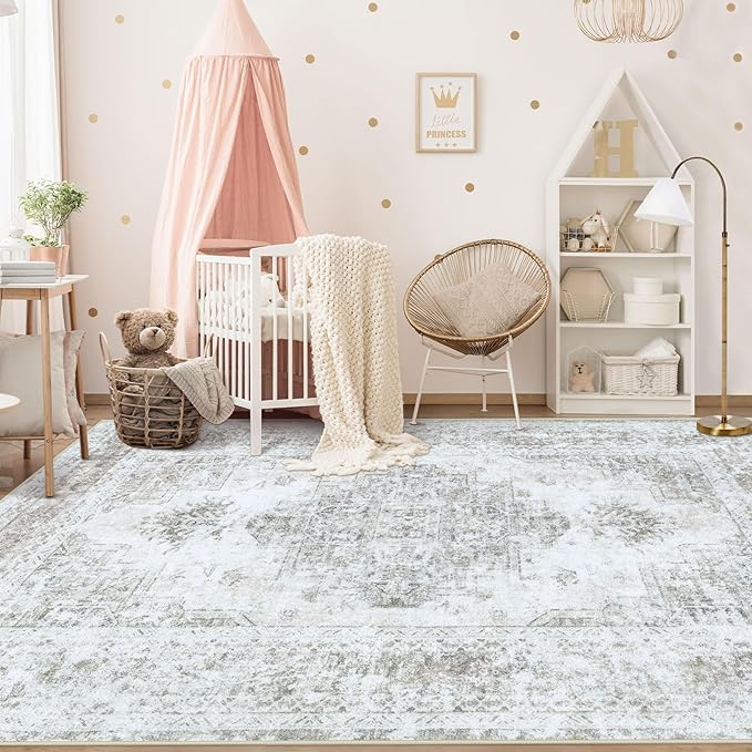 XLUEZ Area Rug 6x9 Living Room Rug, Machine Washable Vintage Distressed Medallion Rug Non-Slip Soft Low Pile Large Indoor Rugs for Bedroom Kitchen Dining Room Office(Taupe,6'x9')