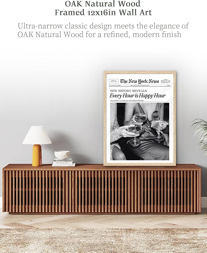 iHery Every Hour is Happy Hour Framed Trendy NewsPaper Wall Art, Natural OAK Wood 12x16in Canvas Wall Decor For Bedroom, Retro New York News Prints Posters for Girl Dorm Living Room Home 1Pack
