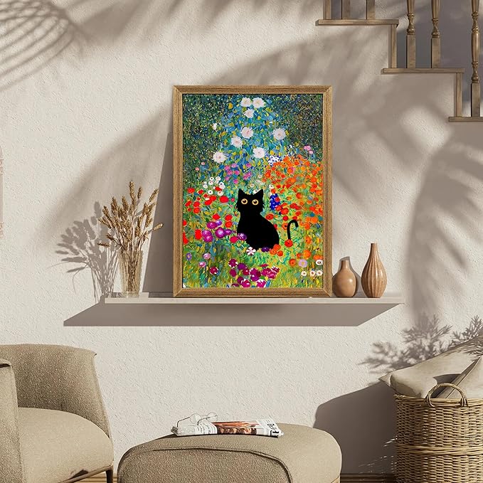 Fantasy Artists Gustav Klimt Canvas Wall Art, Framed Aesthetic Cat Floral Wall Decor, Garden Flower Black Cat Poster Paintings for Living Room Bedroom Bathroon, Dorm Home Decorations, 12" X 16"