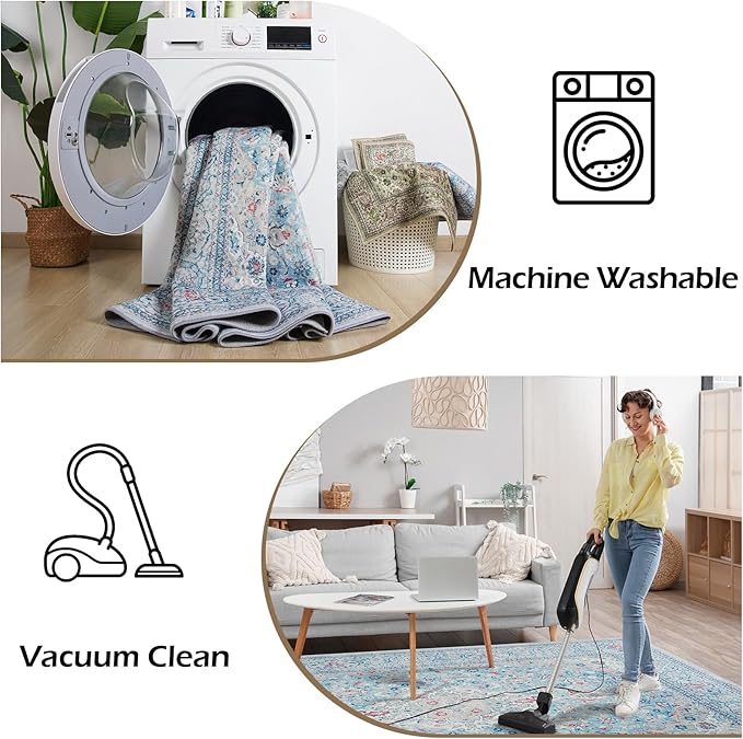 Goideal Washable Runner Rug 2x6, Blue Rugs Non Slip, Indoor Low Pile Carpet with Rubber Backing for Hallway Kitchen Bathroom Entryway Bedroom