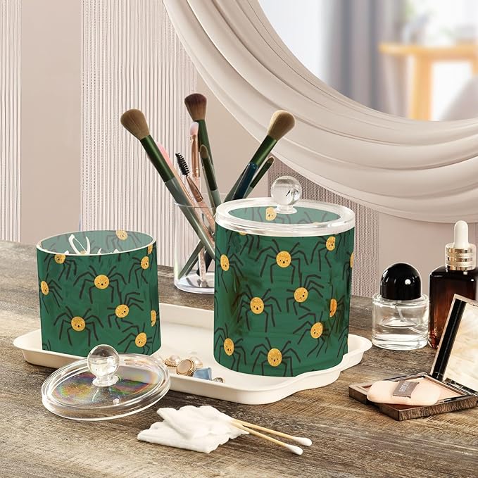 Happy Halloween Spider Green Clear Plastic Makeup Organizer Storage with lid Dresser Essentials Decorative Dental floss storage jar for Cotton Swabs,Cotton Pads,Floss Picks,Paper Clips,Hair