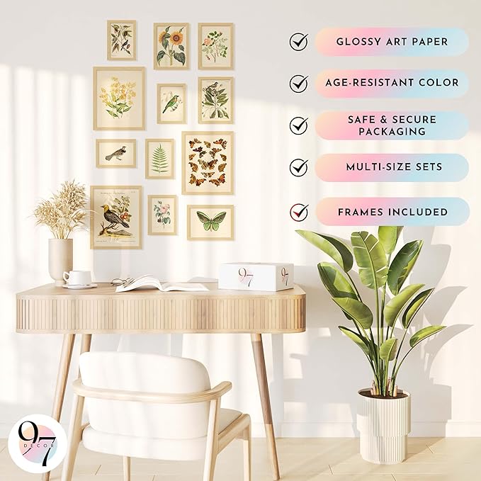 97 Decor FRAMED Vintage Botanical Prints Wall Art - Botanical Plant Poster, Butterfly Pictures Bird Art Sunflower Fern Prints, Flower Botanical Painting for Home Bedroom Decorations (BEIGE FRAME)