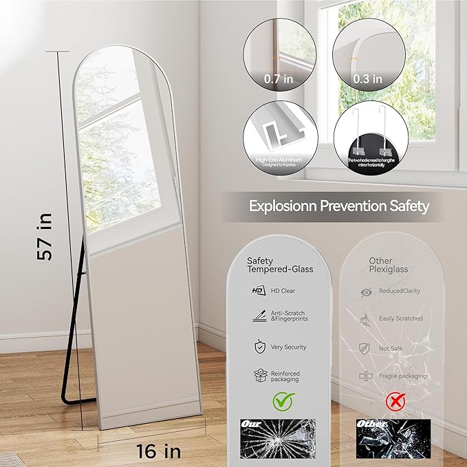 SCWF-GZ 57x16 Door Hanging Full Length Mirror, Floor Stand (Height 5.7ft just Body in1.3ft) / Wall Mounted Metal Frame Arch Dressing Mirrors for Bedroom Living Room 57 inch Silver