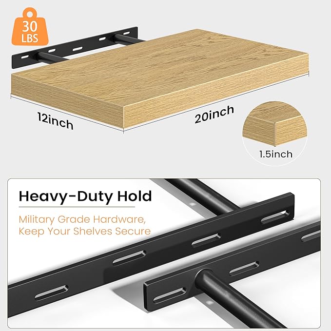 Floating Shelves Set of 2, 12 Inch Deep Floating Shelves with Heavy Duty Brackets, 20'' Rustic Wood Wall Mounted Shelf for Bathroom, Bedroom, Living Room & Kitchen, Modern Home Decor Storage, Oak