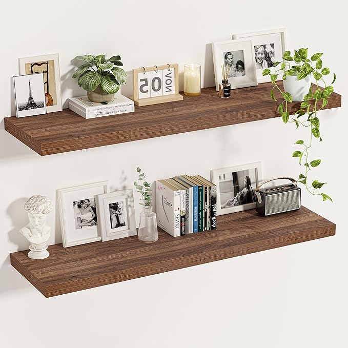 Vivelove Rustic Floating Shelves for Wall 12 Inch Deep, 47.2" X 12" X 1.5" Floating Shelf, 2 Inch Thick Shelf for Living Room Bathroom Bedroom Kitchen Office, Rustic Farmhouse Decor Set of 2, Walnut