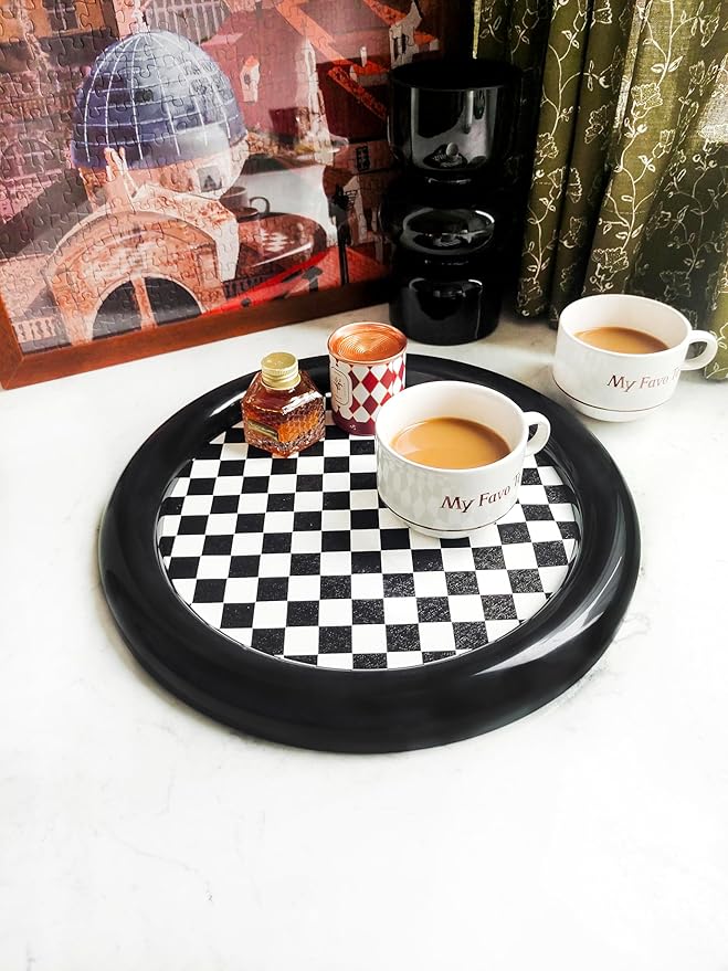 Ciandid Checkered Decorative Tray, Retro Jewelry Tray Dresser Tray for Makeup Perfume Organizer, Aromatherapy Reed Diffuser Tray Vanity Tray for Bathroom(Black)
