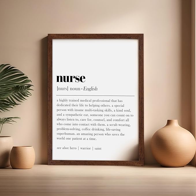 Poster Master Typography Poster - Dictionary Print - Nurse Definition, Amazing Person Who Saves the World, Hero, Saint - Gift for Friend - Wall Decor for Home, Hospital, 16x20 Brown Framed