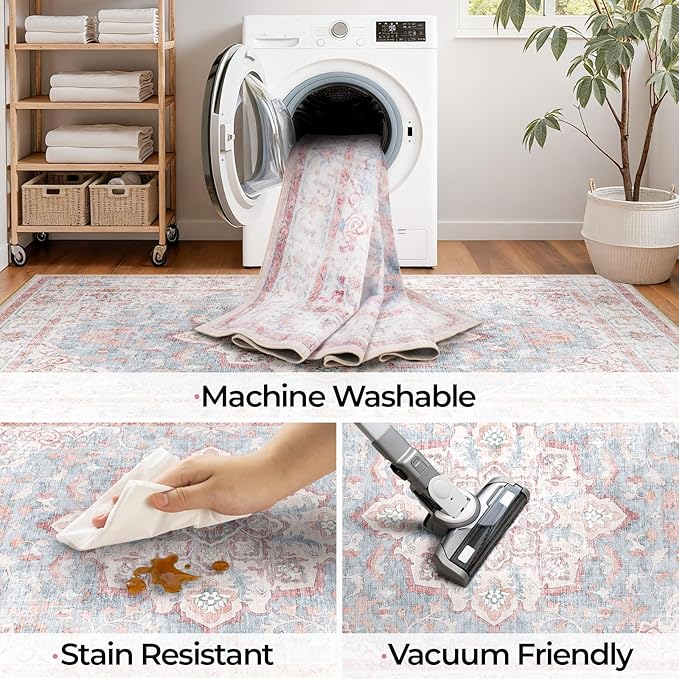 CAPALOCA Machine Washable Rugs Nursery Rug 9x12 Cute Girl Non Slip Low Pile Water Repellent Soft Print Pattern for Bedroom Indoor Decor Kids Playroom Pink Blue