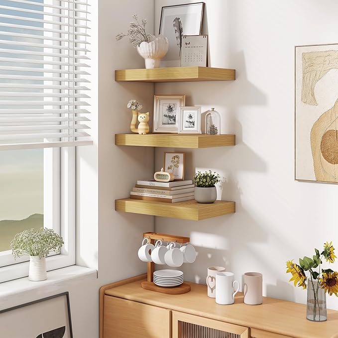 Fun Memories Floating Shelves for Wall - 10 x 16 Floating Shelf - Rustic Wood Storage Shelf - Wall Shelves with Invisible Bracket - 16" Bookshelves for Living Room & Bedroom - Oak - Set of 2