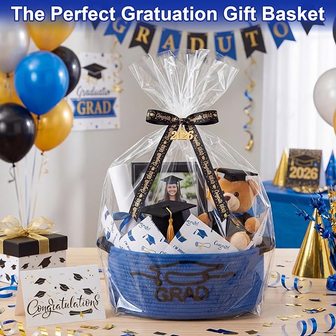 Colingmill 2026 Graduations & Nurses Week Gift Basket Empty to Fill, Woven Rope Basket 15" x 11" x 6" Decorative Storage Baskets with Gift Bag, Bow, Tissue Paper & Year Charm(Blue,Black,Graduation)