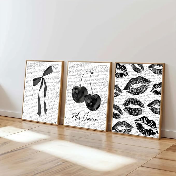 3Pcs Fashion Black White Lips And Cherry Canvas Wall Art Vintage Girl Funky Aesthetic Bow Wall Decor Ma Cherie Dark Coquette Posters Prints for Neutral Preppy Apartment Girl Room12x16in Unframed (poster, 12x16inx3pcs)