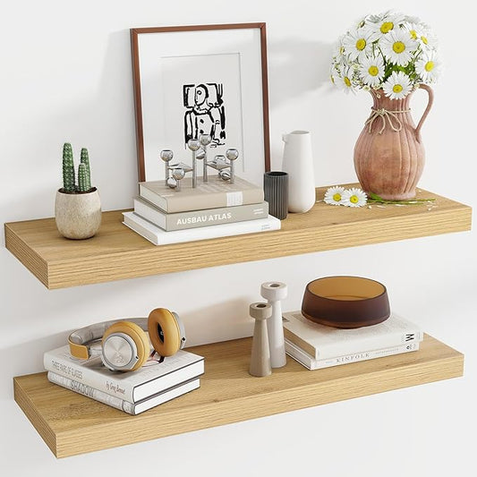 Acovy 36 Inch Floating Shelves, 12 Inch Deep Floating Shelves for Wall, Floating Shelf with Invisible Brackets, Deep Shelves for Bathroom, Bedroom, Living Room, 2 Pack, Natural