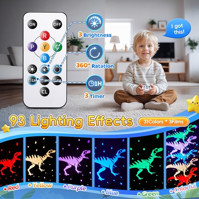 PIKOY Dinosaur Toys for Kids 3-8 | 3D Films & 31 Colors & & 360° Rotate & Timer | Dinosaur Night Light Projector Toys for 2-10 Year Old Boys Room Decor Gift for Boys Jurassic World Jurassic Park Toys