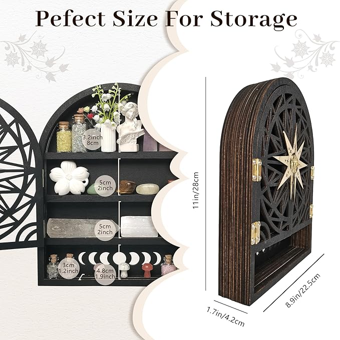 Crystal Display Shelf for Wall, Crescent Moon Phase Wall Shelf Decor, Wooden Storage Organizer for Stones Collection Essential Oil Display, Arch Crystal Holder Shelf for Meditation Room