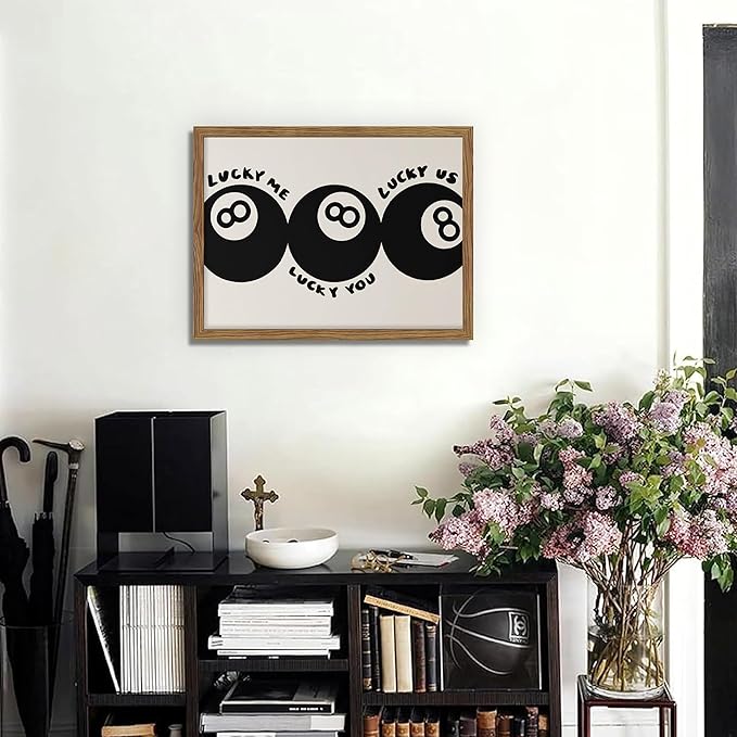 Trendy Black 8 Ball Wall Art, Funny Lucky You Y2k Canvas Wall Decor Painting, Funky Cool Billiards Posters Prints Pictures for Living Room Bedroom Apartment Dorm Room Decor 16x24 Inch Wood Framed