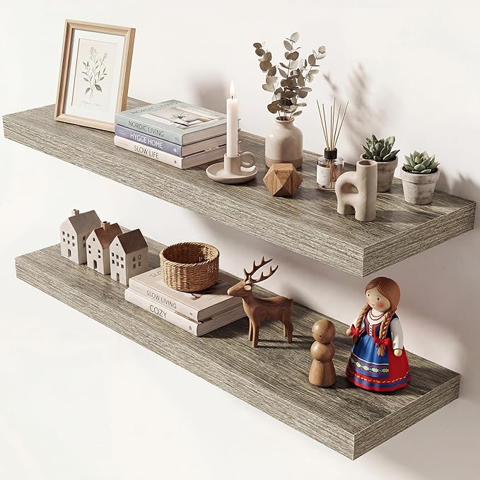 Dreamland 36 Inches Floating Shelves for Wall, 9.3" Deep Long Floating Shelves Set of 2, Large Display & Storage Shelf, Wall Shelf for Bathroom Bedroom Living Room Kitchen Office, Grey