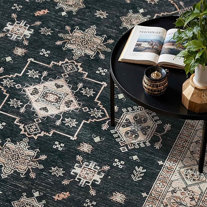 Rugxara Area Rugs for Living Room Bedroom, Washable Rug, Black Vintage Floral Boho Rug, Non Slip & Low Pile Faux Wool Accent Carpet for Indoor Dining Room, Kids Room and Office(Black 4x6ft)