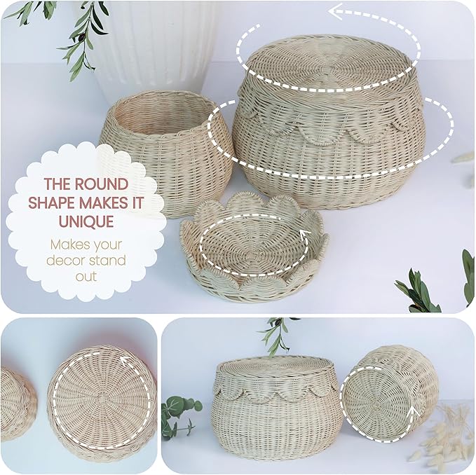 Scalloped Basket Set of 2 Small Natural Rattan Decorative Storage Baskets with Lids - Round Shape - Handwoven Natural Wicker Boho Décor for Shelves, Countertops & Gift Baskets.