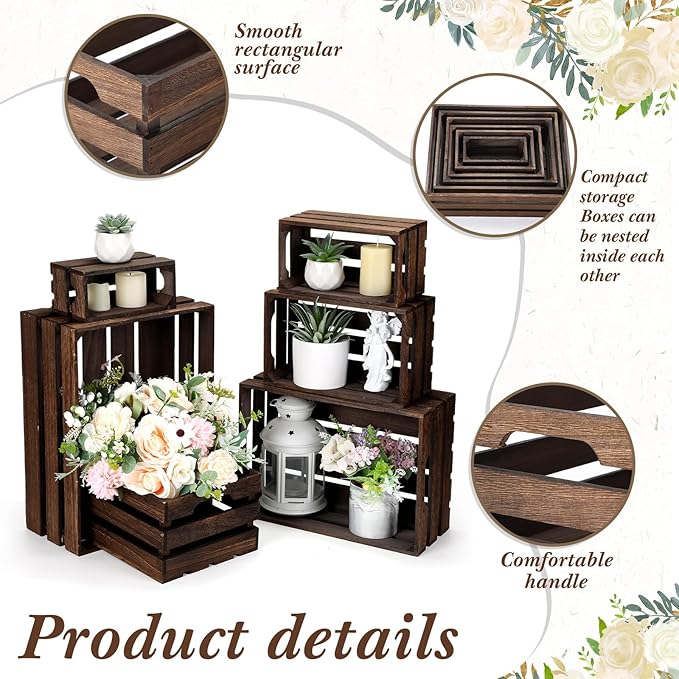 CroBlissful 6 Pcs Decorative Wood Crates for Storage Display Rustic Nesting Crates with Handle Farmhouse Wooden Storage Container Boxes for Wedding Baby Shower Birthday Party(Vintage Dark Brown)