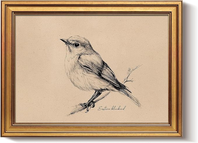 Bzstyleart Vintage Wall Art Decor for Living Room, Framed Vintage Bird Wall Art Canvas Prints Home Decor Aesthetic, Sketch Painting Picture for Bedroom Kitchen, New York State, 12L x 16W