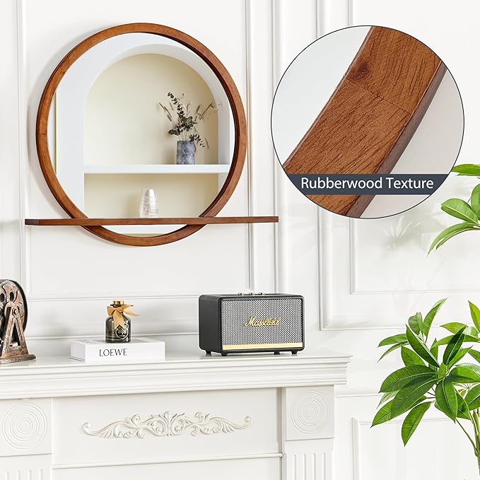 Wall Mirror with Shelf – Wood Circle Mirror for Entryway, Bathroom & Living Room – Unique Elegance & Multifunctional Design – 24 Inch