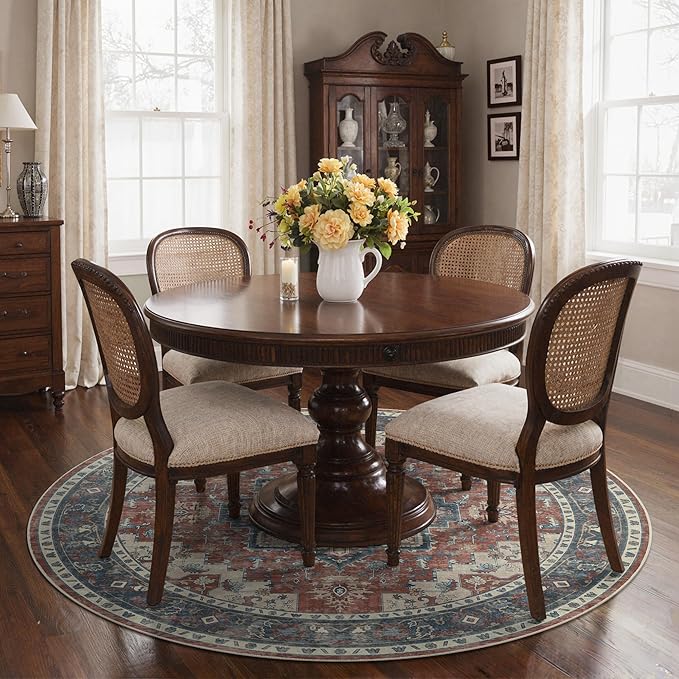 GENIMO 5FT Round Area Rugs for Living Room, Circle Rugs Machine Washable Low Pile, Chenille Non Slip Vintage Rug for Bedroom, Dining Room, Home Office, Bordeaux