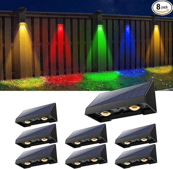 8 Pack Bright Solar Fence Lights Outdoor for Deck, Railing, Stair, Retaining Wall, Waterproof Led Accent Lamp Ambient Lighting with Spot Len for Patio, House (5 Mode Multicolor, 8 Pack)