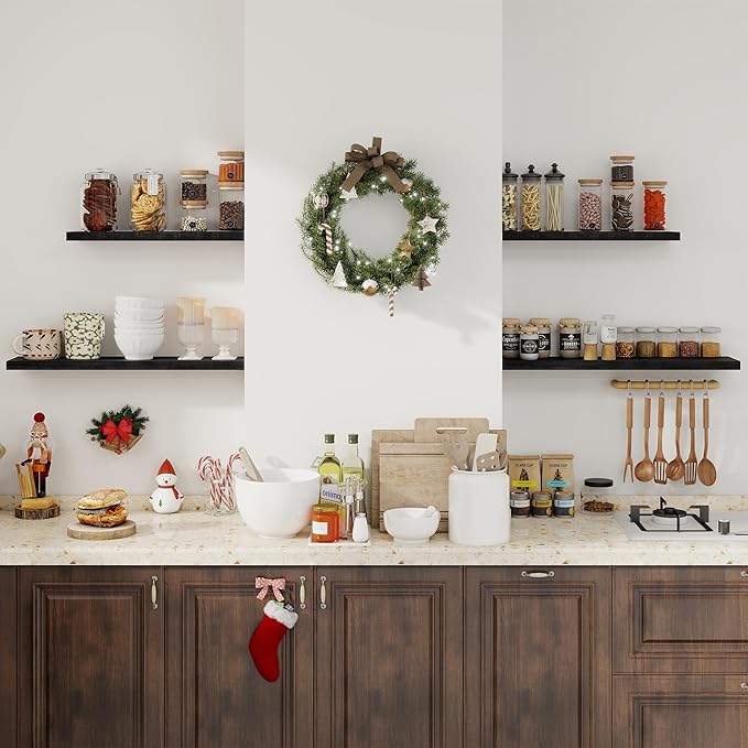 Fun Memories Floating Shelves for Wall, 24" Rustic Wood Deep Wall Mounted Shelves with Invisible Brackets for Decor & Storage, Floating Shelf for Living Room, Bathroom (Black, Set of 2)