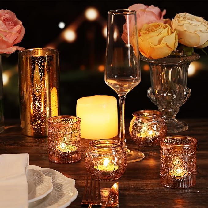 30 Pcs Assorted Gold Votive Candle Holders for Wedding Table Centerpieces, Glass Tea Lights Candle Holder for Diwali Decorations, Wedding Decorations, Vintage Boho Home Tea Party Decor,