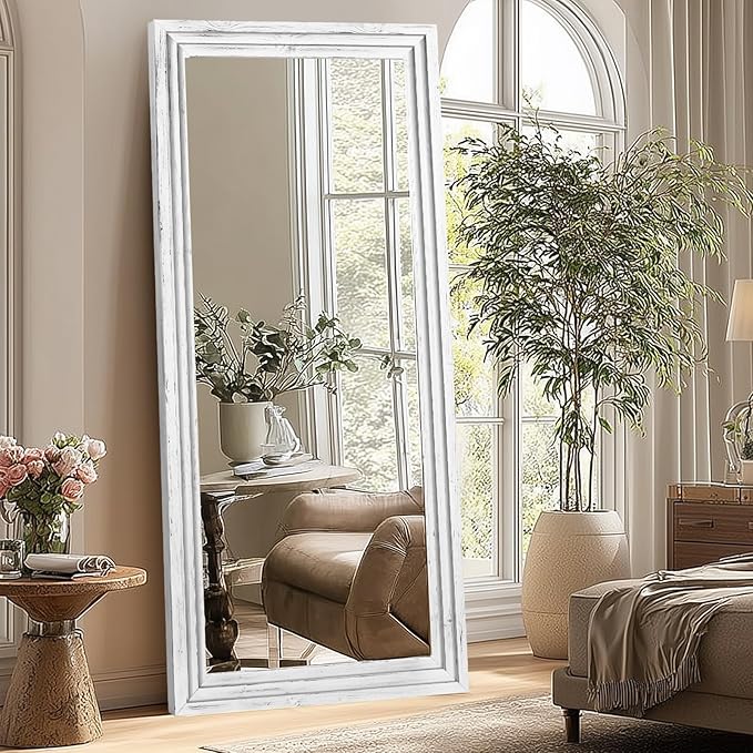 Full Length Wood Mirror 71x30 - Rustic Solid Wood Floor Mirror with Triple Layer Frame, HD Tempered Glass, Wall Mounted or Leaning Standing Mirror Vintage White Mirror for Bedroom Bathroom Living Room
