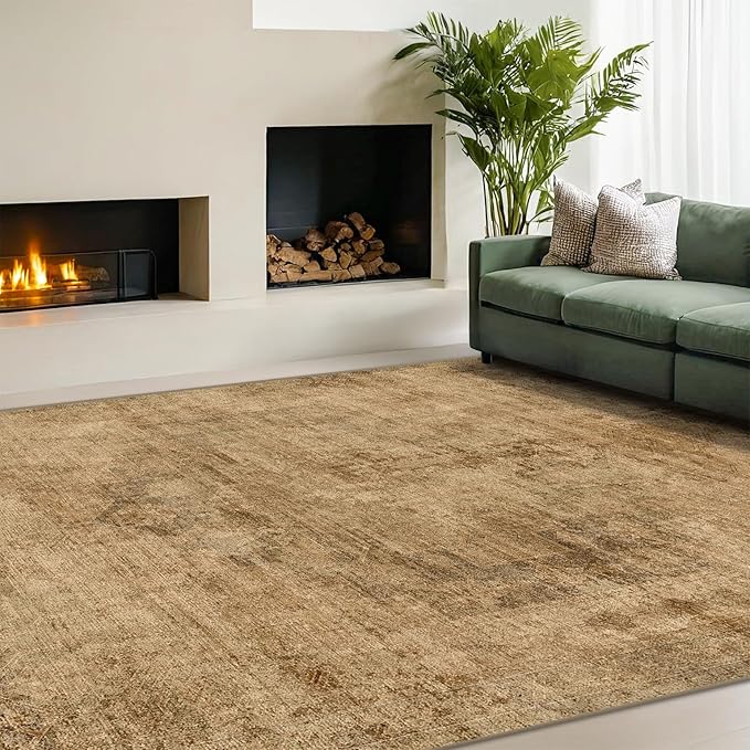 Hazo Haus Vintage Dark Gold Rugs for Living Room - 6x9 Distressed Print Pattern Large Area Rug for Bedroom, Dining Room Under Table, Thin & Soft Washable Brown and Yellow