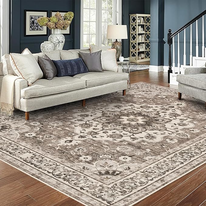 TOPRUUG Washable Oriental Area Rug - 8x10 Rugs for Living Room Soft Carpet for Bedroom Waterproof Floral Distressed Indoor Stain Resistant Non-Shedding Floor Carpets (Beige, 8x10)