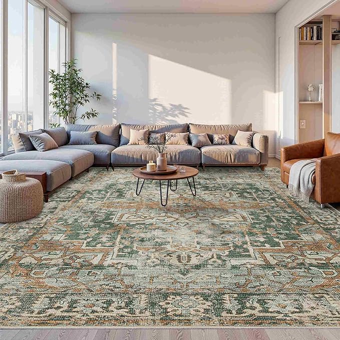 Rugxara 10x14 Area Rugs for Living Room Bedroom, Large Washable Rug, Green Vintage Retro Boho Rug, Non Slip & Low Pile Faux Wool Thin Carpet for Indoor Dining Room and Kids Room(Green/Brown 10x14ft)