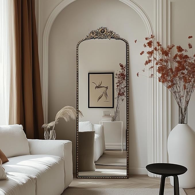 Full-Length Baroque Style Vintage Mirror, 65"L x 22"W, Wall-Mounted, Antique Black Iron Frame, Thick 4MM Glass, Explosion-Proof, Living Room, Bedroom, Entryway