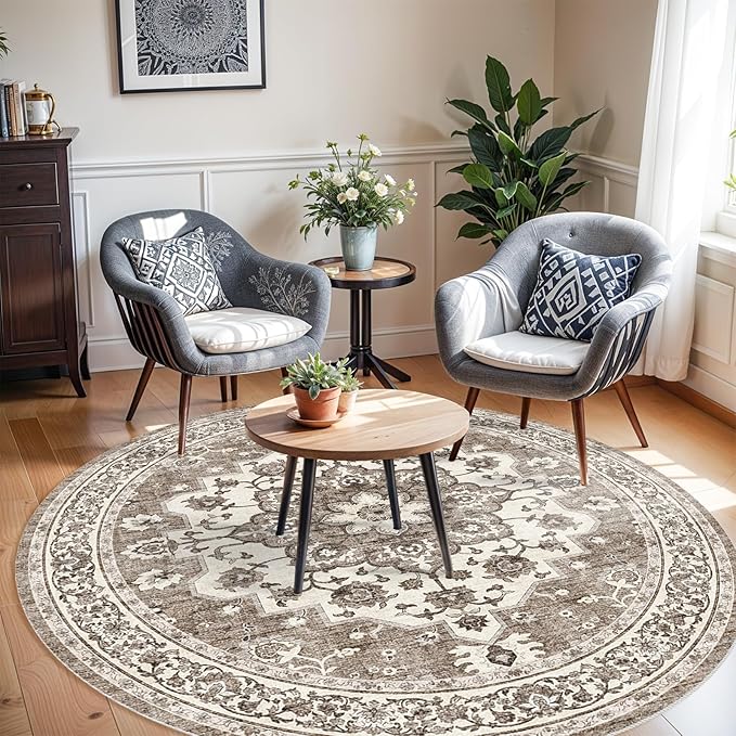TOPRUUG Washable Oriental Area Rug - 3ft Round Rugs for Living Room Soft Carpet for Bedroom Waterproof Floral Distressed Indoor Stain Resistant Non-Shedding Floor Carpets (Beige, 3ft-Round)