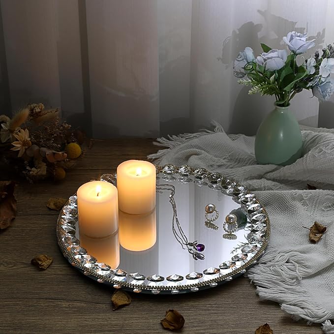 Hipiwe Mirror Glass Vanity Tray Sparkling Crystal Perfume Tray Round Decorative Tray Gorgeous Makeup Organizer Tray Jewelry Trinket Tray for Bathroom Dresser Table, 10.6 inch