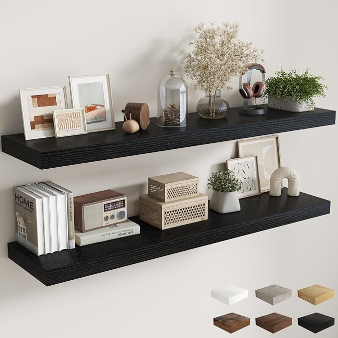 Fun Memories 12 Inch Deep Floating Shelves, 60 Inch Long Extra Large Floating Shelves for Home & Office, Wall Shelves with Invisible Bracket, Black, Set of 2