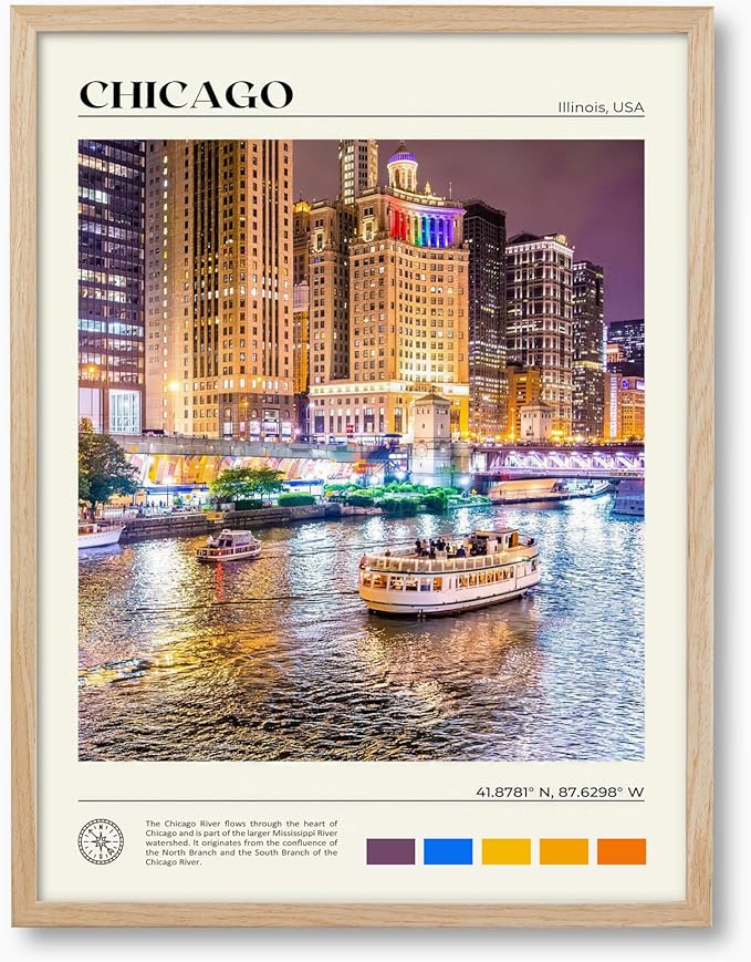 HesenDot Natural OAK Wood Chicago Framed Wall Art,12x16in Chicago River Cityscape Canvas Wall Print,Classic Urban Skyline Home Decor for Living Room Bedroom Office Gallery, Set of 1
