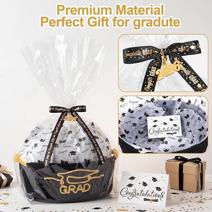 Colingmill 2026 Graduations & Nurses Week Gift Basket Empty to Fill, Woven Rope Basket 15" x 11" x 6" Decorative Storage Baskets with Gift Bag, Bow, Tissue Paper & Year Charm (Black,Gold,Graduation)