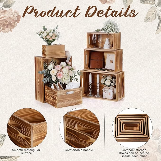 AceOrbit Set of 6 Wood Crates with Handles, Rustic Decorative Storage Boxes Distressed Wooden Nesting Display Baskets for Farmhouse, Wedding, Party Storage Display Supplies(Light Brown)